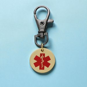 Steel medical alert keyring with red medical symbol and lobster clasp