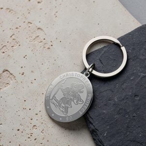 Large mirror-polished silver oval Saint Christopher keyring – stainless steel traveller's keyring