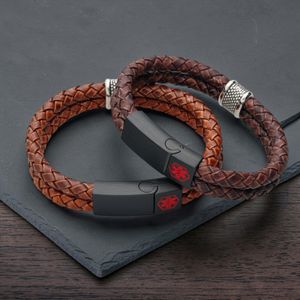 Leather medical alert bracelet 12mm braided brown cord with stainless steel laser engraved ID clasp — Edward Jones London