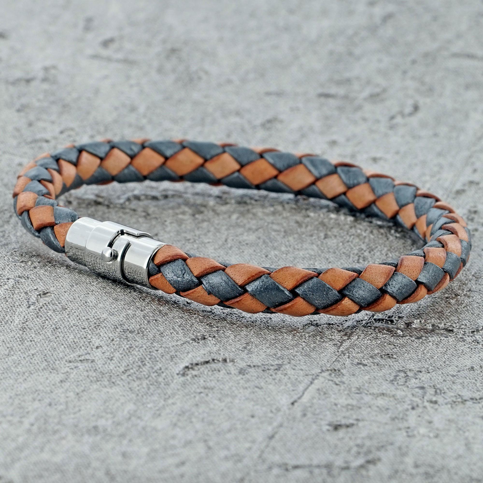 Natural and Grey SINGLE STRAND BOLO LEATHER BRACELET & MAGNETIC CLASP for Men