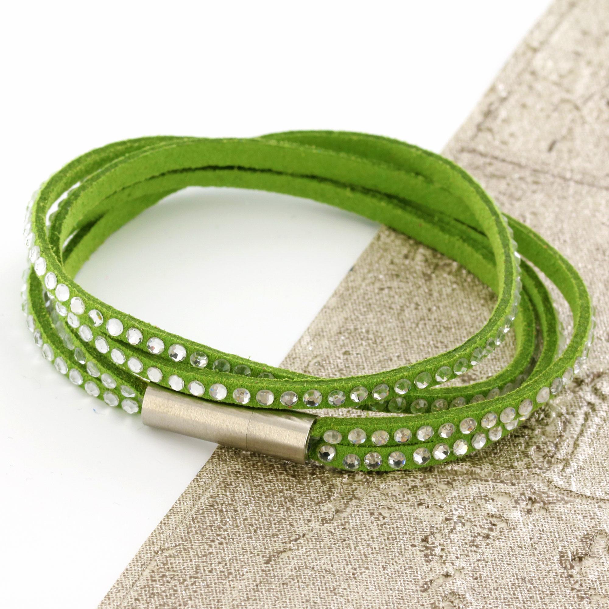 Green Womens Stacker Leather Beaded Bracelet, Multi Row Layer Stack Wristband