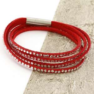 Red Womens Stacker Leather Beaded Bracelet, Multi Row Layer Stack Wristband