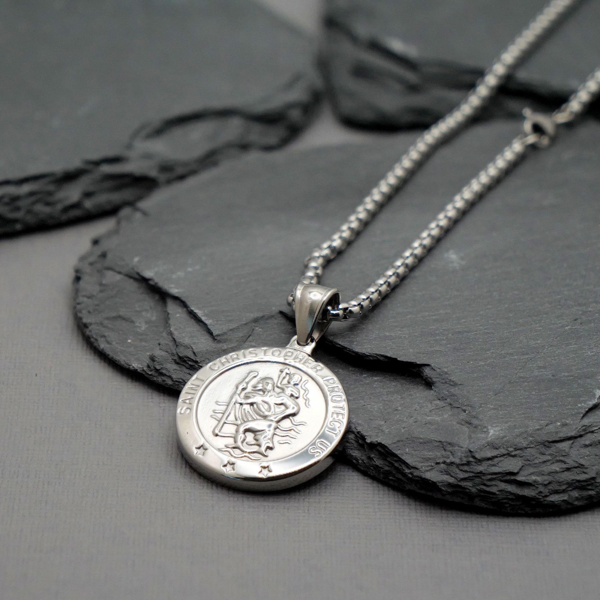 Round St. Christopher Necklace Medal Solid 925 Sterling Silver With Je –  www.allpatronsaints.com