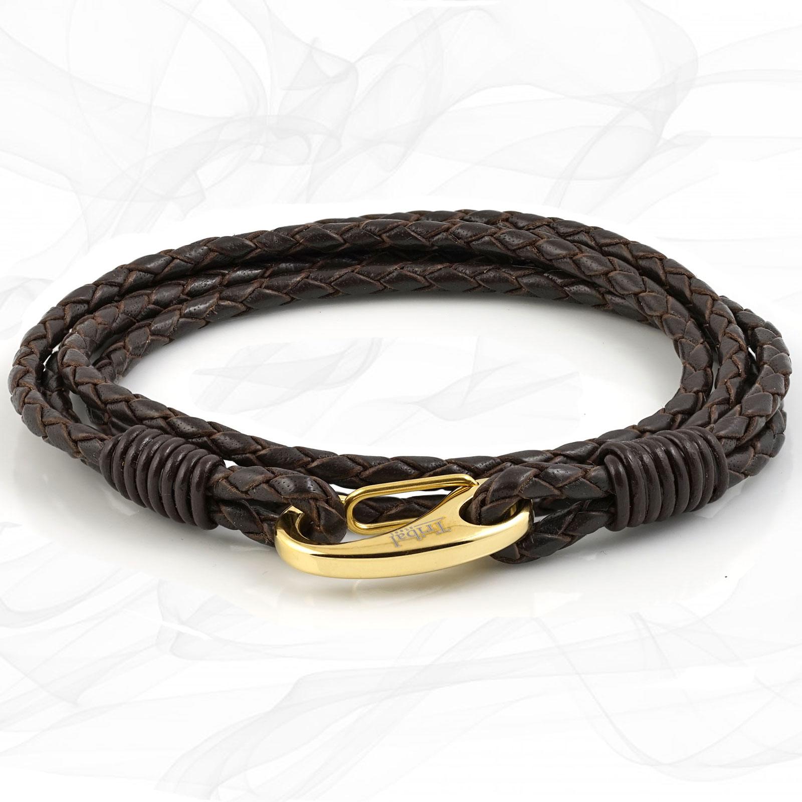 Mens Elegant Brown Quad Wrap Bolo Leather Bracelet with Gold Colored Steel Lobster Clasp by Tribal Steel