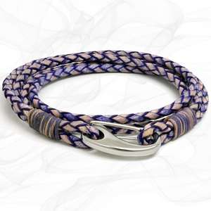 Violet Purple Quad Wrap Bolo Leather Bracelet with Steel Lobster Clasp by Tribal Steel