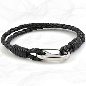 Black Double Wrap Bolo Leather Bracelet with Steel Lobster Clasp by Tribal Steel