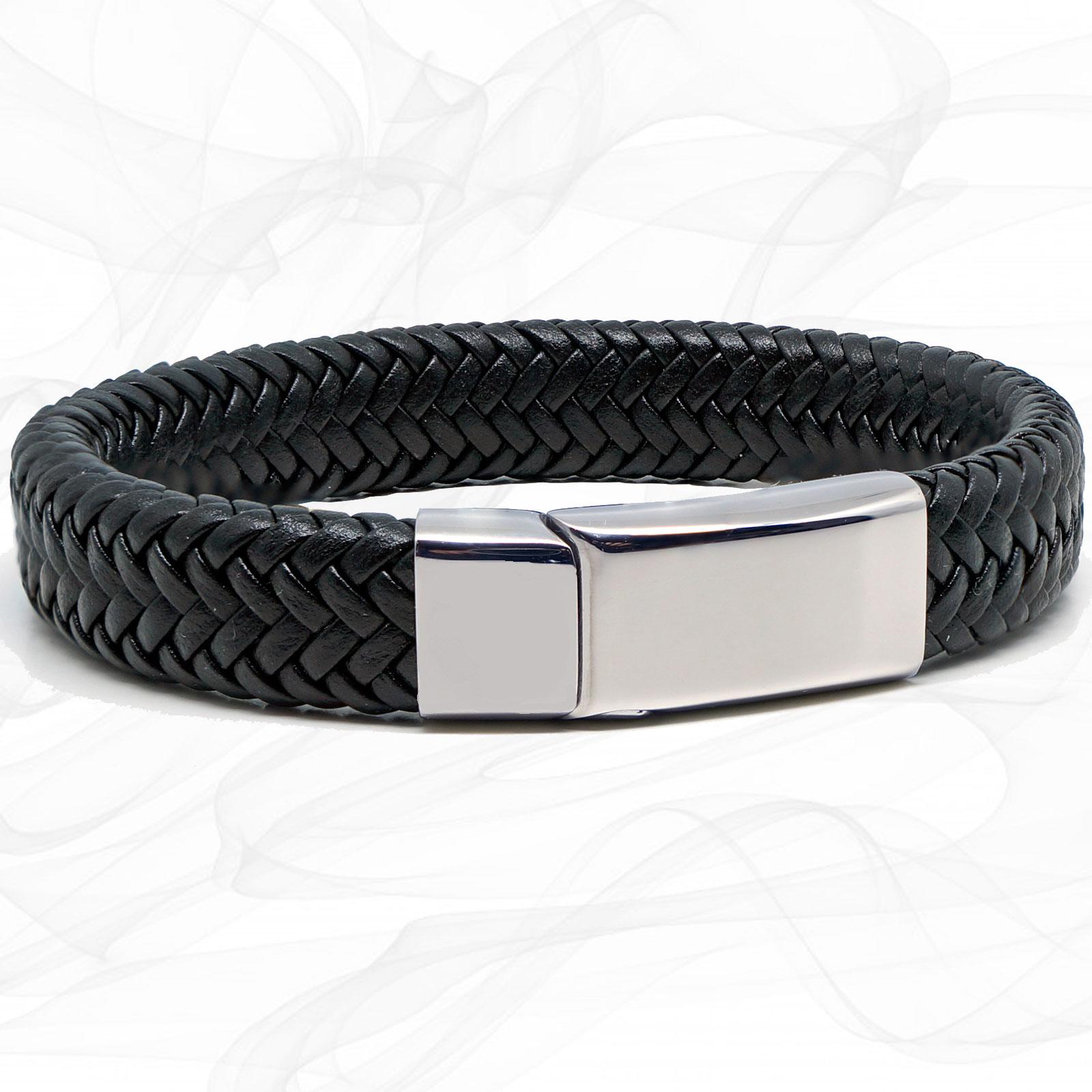 Wide Black Super Soft Premium Leather Bracelet with a Sliding Magnetic Clasp.