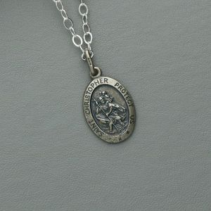 Oval Antique Sterling Silver St Christopher Necklace