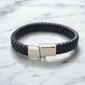 Black leather bracelet with stainless steel magnetic clasp and optional engraving, available in kids to adult sizes