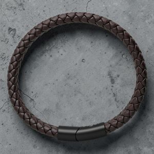 Brown St Christopher leather bracelet birds eye view showing chunky wide band design