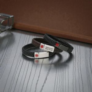 Edward Jones London leather medical alert bracelet with engraved stainless steel ID plate on wrist