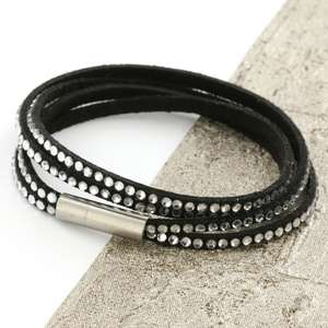 Black Womens Stacker Leather Beaded Bracelet, Multi Row Layer Stack Wristband