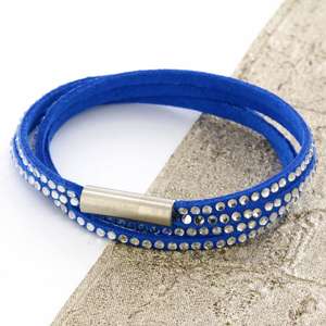 Blue Womens Stacker Leather Beaded Bracelet, Multi Row Layer Stack Wristband