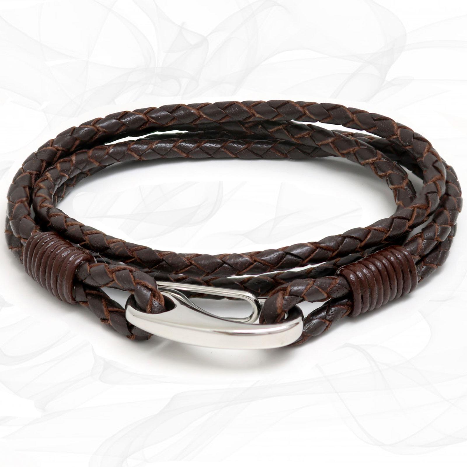 Brown Quad Wrap Bolo Leather Bracelet with Steel Lobster Clasp by Tribal Steel