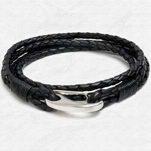Black Four Strap Bolo Leather Bracelet with Steel Lobster Clasp