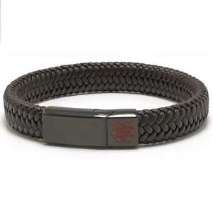 Brown and Black Wide Braided Leather Medical Alert ID Bracelet