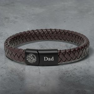 Brown St Christopher safe travels leather bracelet front view with personalised engraving