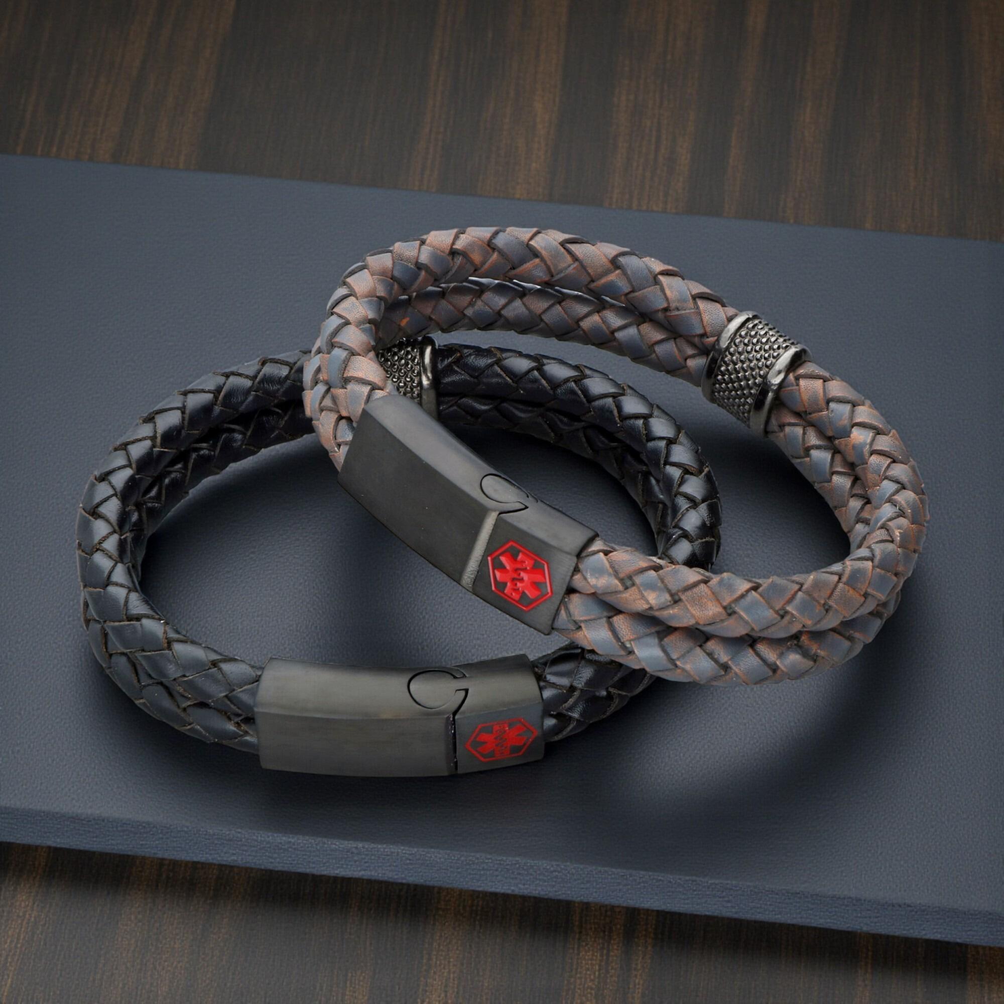 12mm Braided Leather Medical Alert ID Bracelet | Laser Engraved | UK