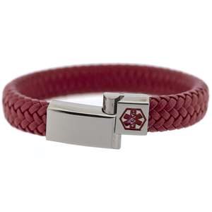 Red and Silver VEGAN 12mm Braided Leather Medical Alert ID Bracelet