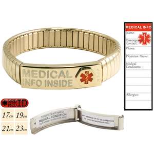 Gold Stainless Steel Medical Alert ID Bracelet with pre-printed Waterproof Labels