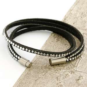 Black Womens Stacker Leather Beaded Bracelet, Multi Row Layer Stack Wristband