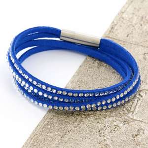 Blue Womens Stacker Leather Beaded Bracelet, Multi Row Layer Stack Wristband