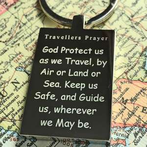Mirror Polished Steel St Chrisopher Keyring with a prayer for travelers.