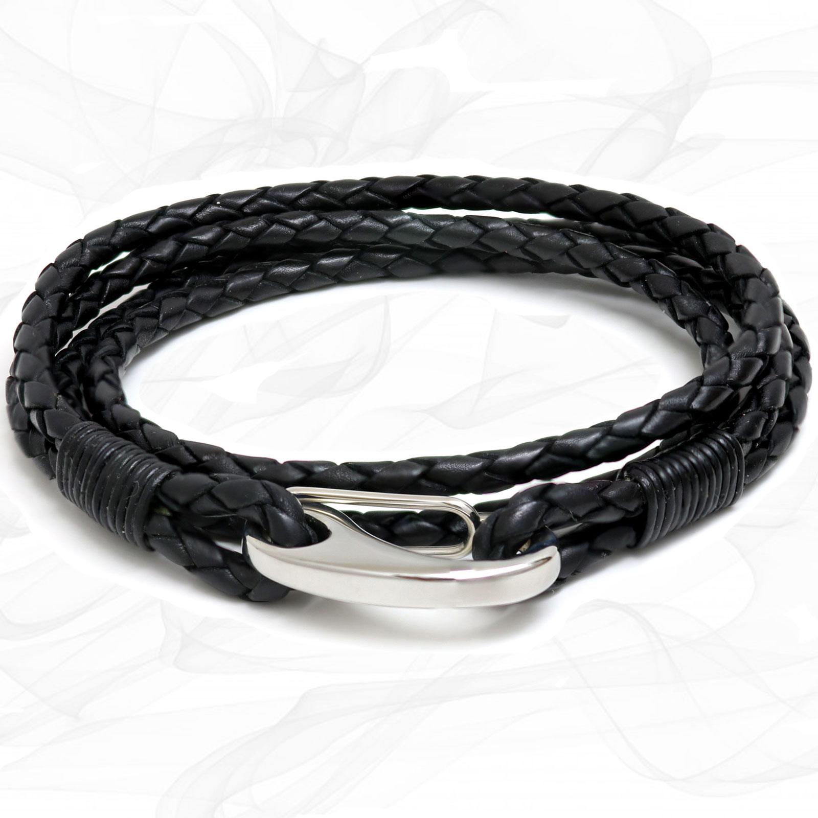Black Quad Wrap Bolo Leather Bracelet with Steel Lobster Clasp by Tribal Steel