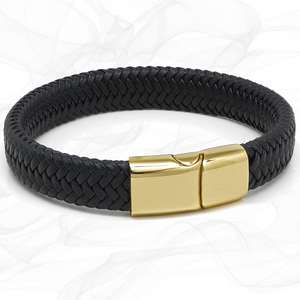 Chunky Black Super Soft Premium Leather Bracelet with a Gold Sliding Magnetic Clasp.