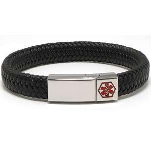 Black Wide Braided Leather Medical Alert ID Bracelet