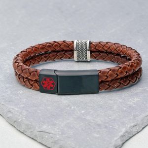 Leather medical alert bracelet size comparison showing 17cm 21cm 24cm adjustable wrist sizes, braided leather cord and stainless steel clasp