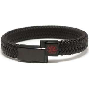 Black and Black VEGAN 12mm Braided Leather Medical Alert ID Bracelet