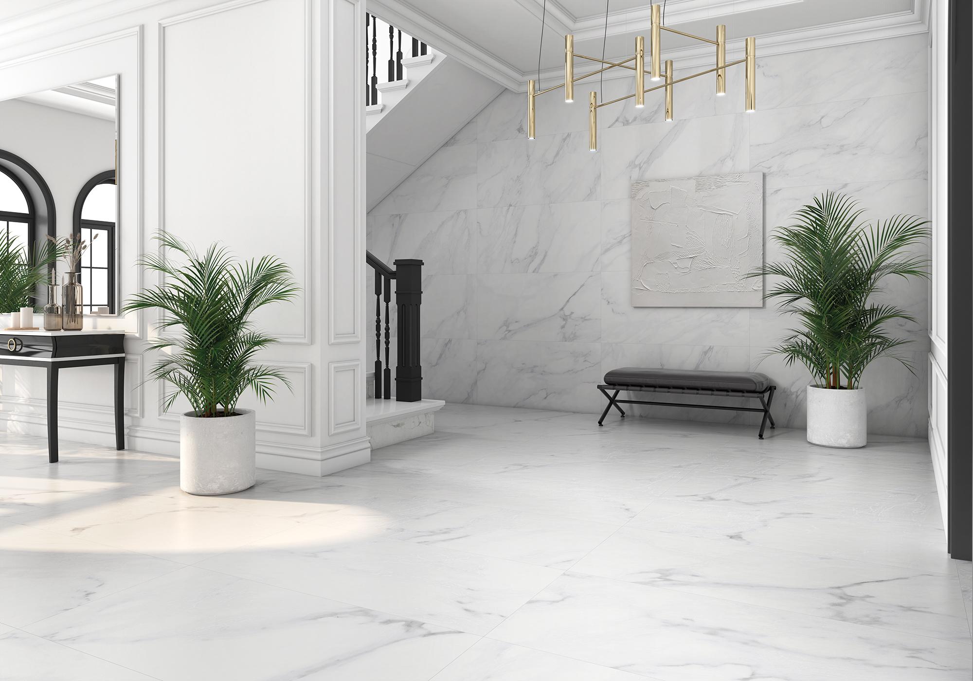 A classical design, this white marble effect matt porcelain tile offers the beauty of white marble in a durable and hard wearing, low maintenance tile.