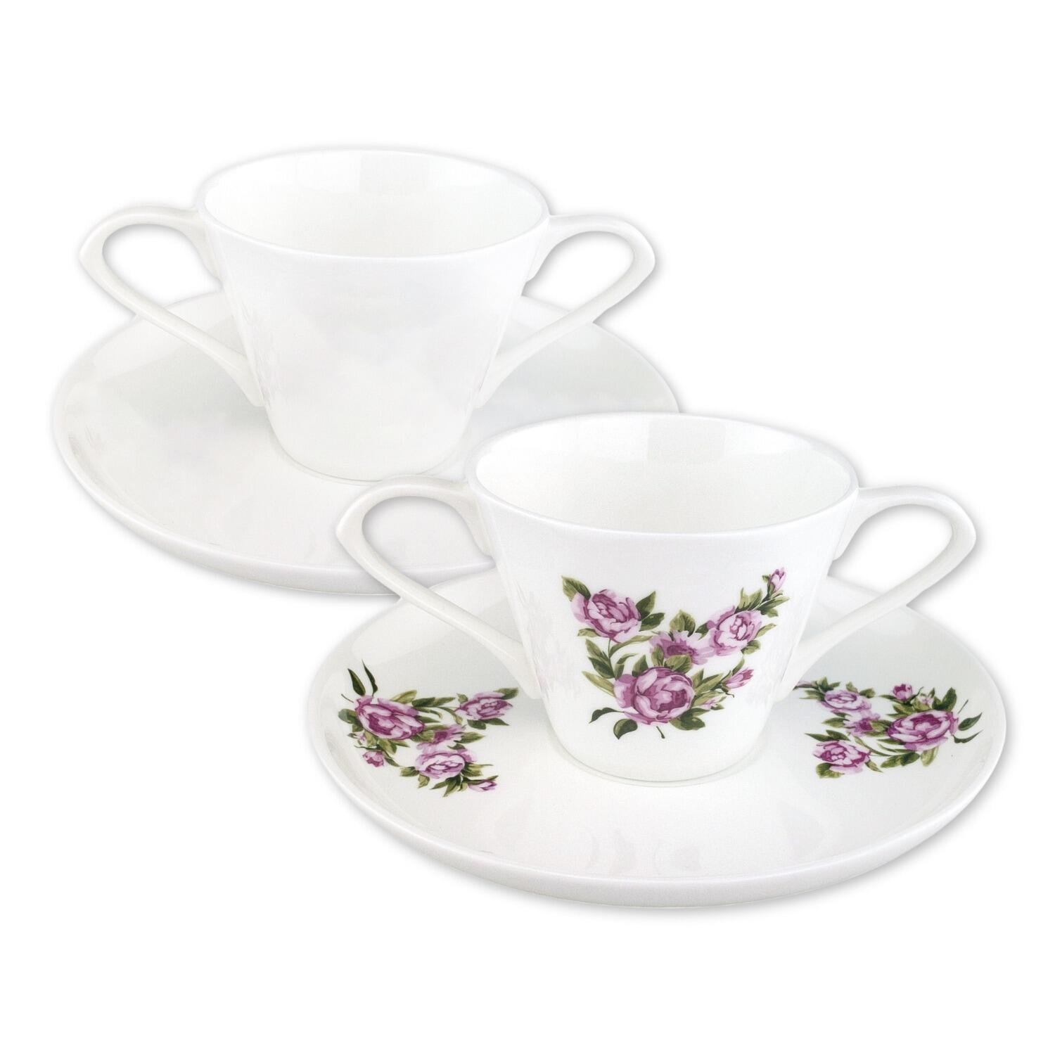 View Two Handled Bone China Cup and Saucer Floral Pattern Pack of 3 information