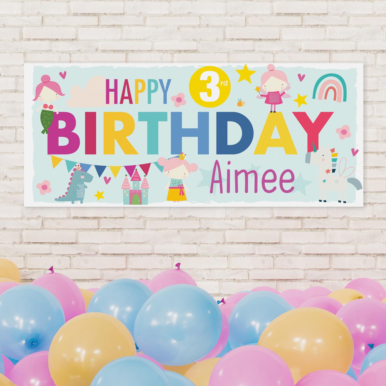 Unique birthday banners for girls by Frame My Name, bold and colourful with Happy Birthday