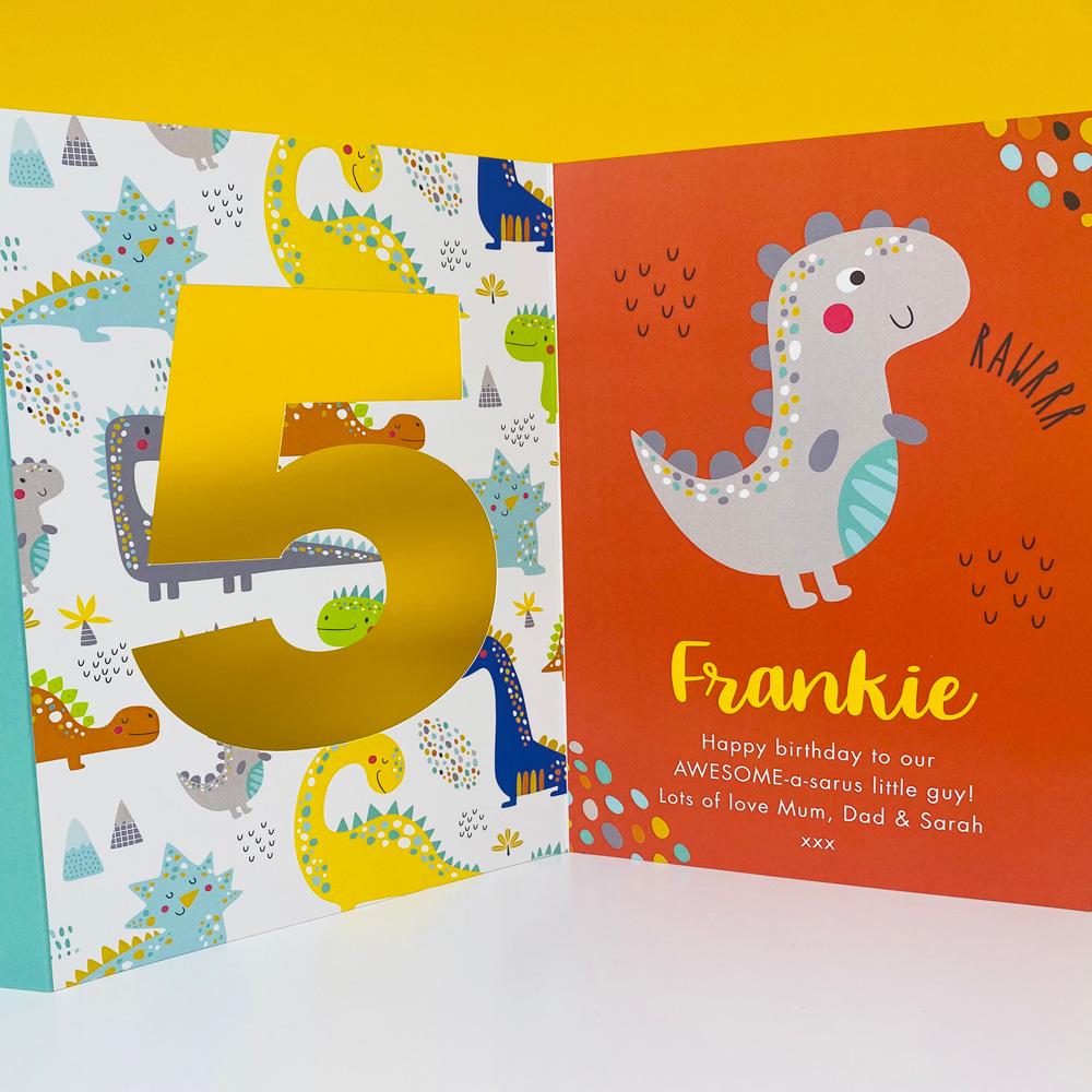 frame my name, personalised birthday cards for kids, dinosaur birthday card