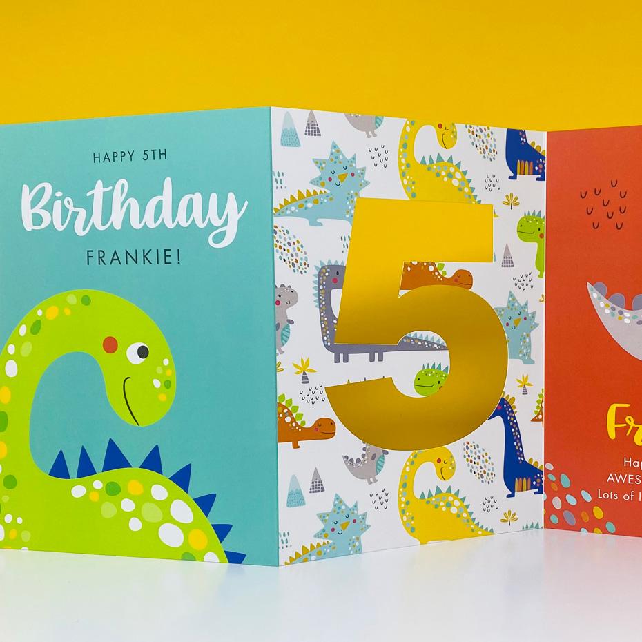 frame my name, personalised birthday cards for kids, dinosaur birthday card