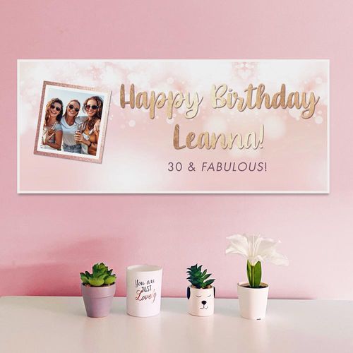 personalised photo birthday banners, rose gold design