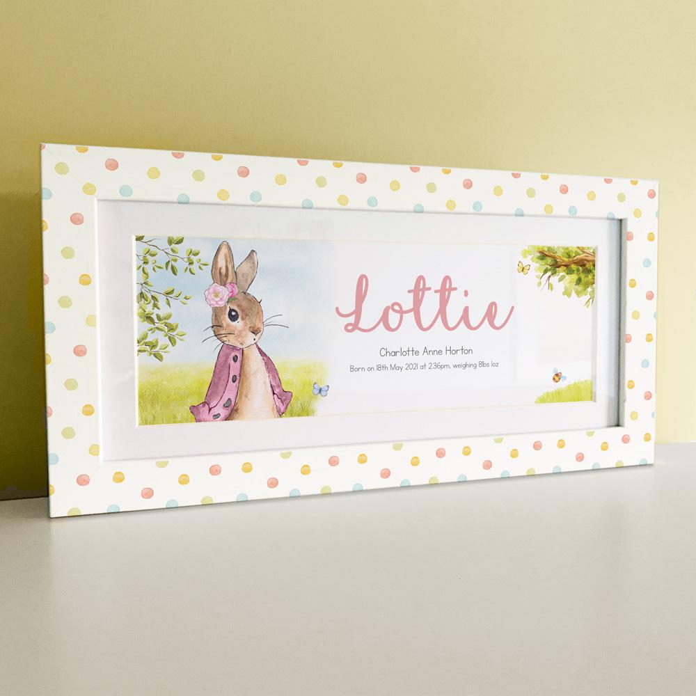 Unique, personalised christening gift in a classic rabbit design by Frame My Name