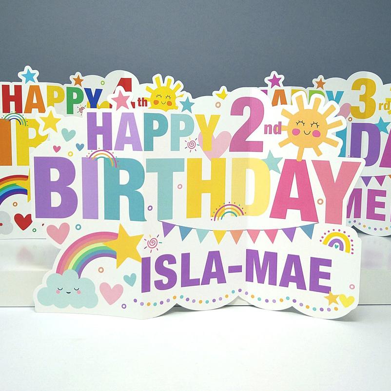 frame my name, personalised birthday cards, rainbow 1st birthday card