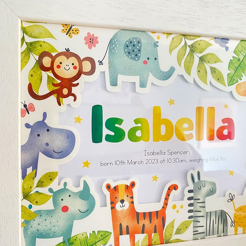 A4 framed name Jungle Animals Name Print Safari, Zoo Animal Name Print