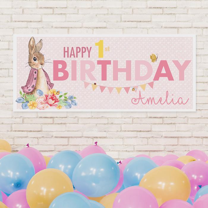 classic rabbit (pink) birthday banner, kids party banners