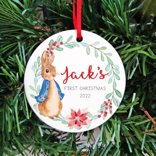 Baby's First Christmas Ornament 2022, Classic Rabbit style ceramic keepsake by Frame My Name