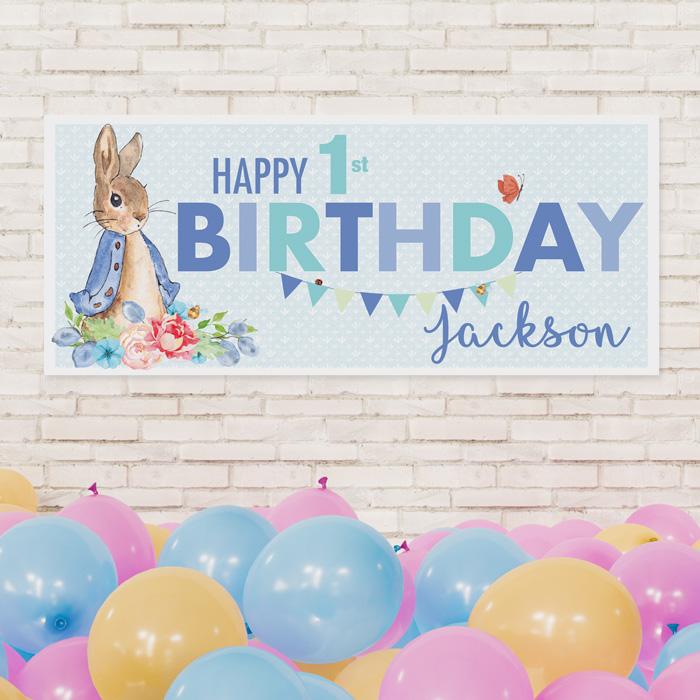 classic rabbit (blue) birthday banner, personalised party banners