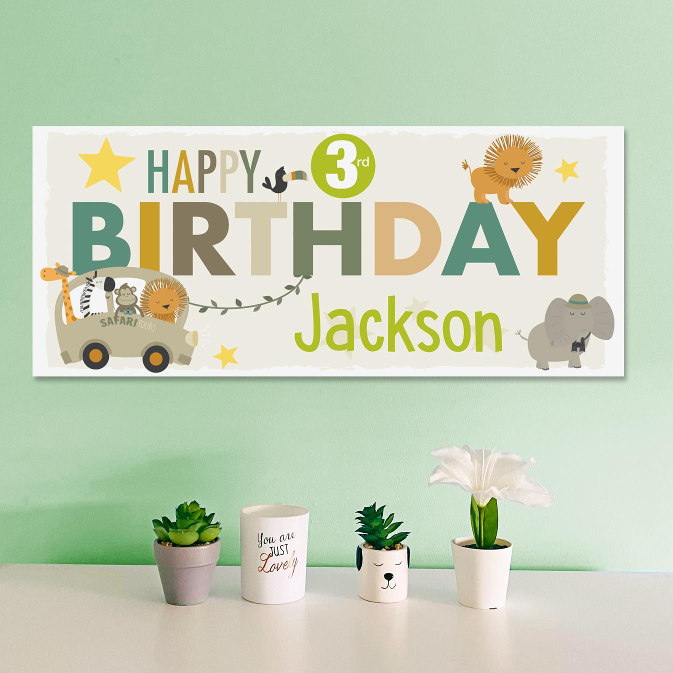 Safari animals 1st birthday banners. Personalised kids party decorations.