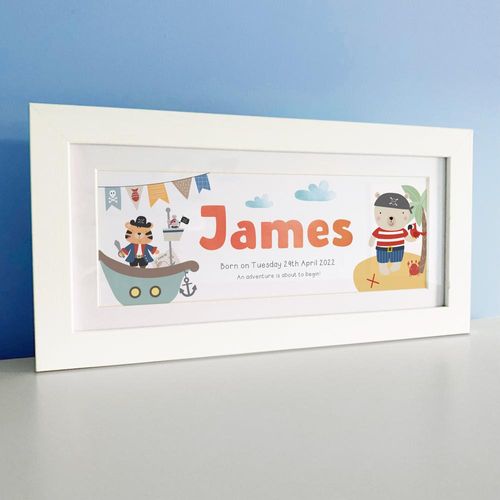 personalised baby gifts, baby name frame pirate design