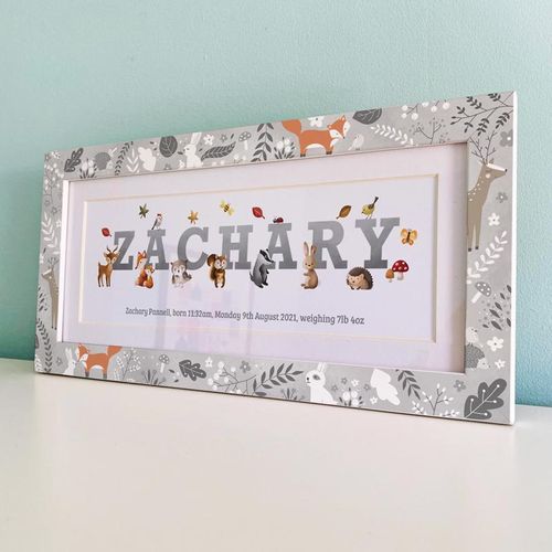 frame my name, grey, unisex baby gifts, gender neutral gifts