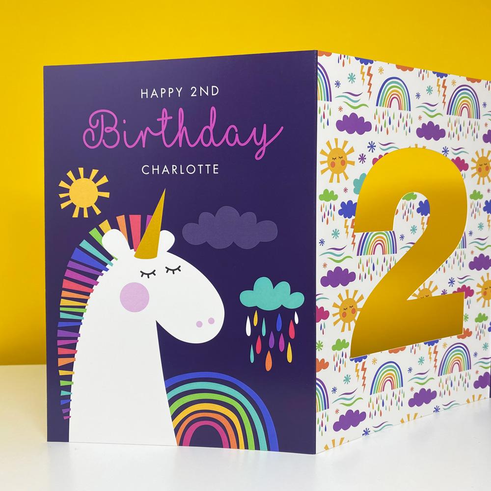 frame my name, personalised rainbow unicorn birthday age card, cut out cards