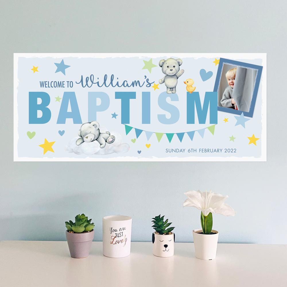 Personalised Christening/Baptism Bunting Banner – Floral Cross Design, Blue/Pink/White, Cardstock