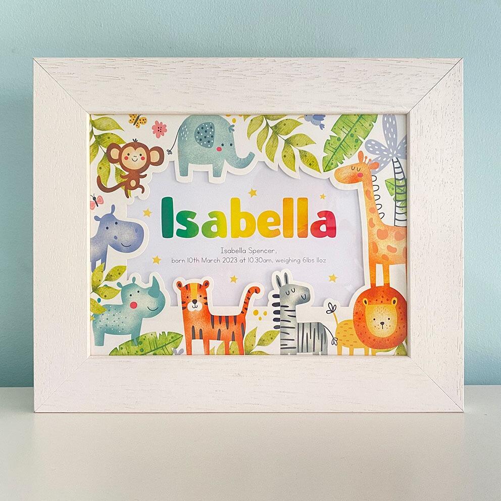 A4 framed name Jungle Animals Name Print Safari, Zoo Animal Name Print